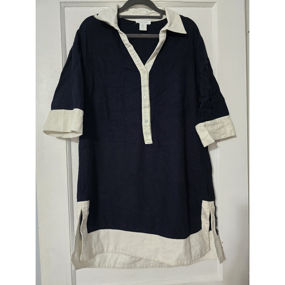 Cynthia Rowley Linen Blend Oversized Shirt Dress‎ Small Navy Blue & White